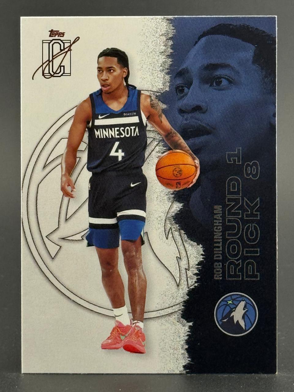 Rob Dillingham Topps basketball trading card featuring him in Minnesota Timberwolves uniform holding a basketball.