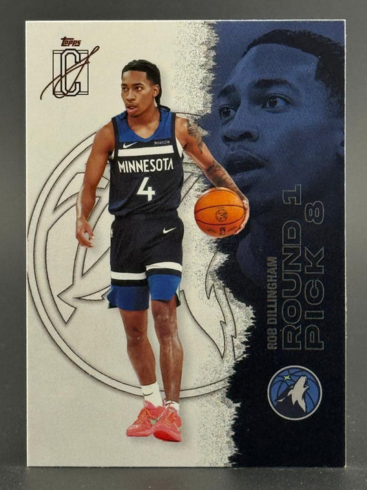 Rob Dillingham Topps basketball trading card featuring him in Minnesota Timberwolves uniform holding a basketball.
