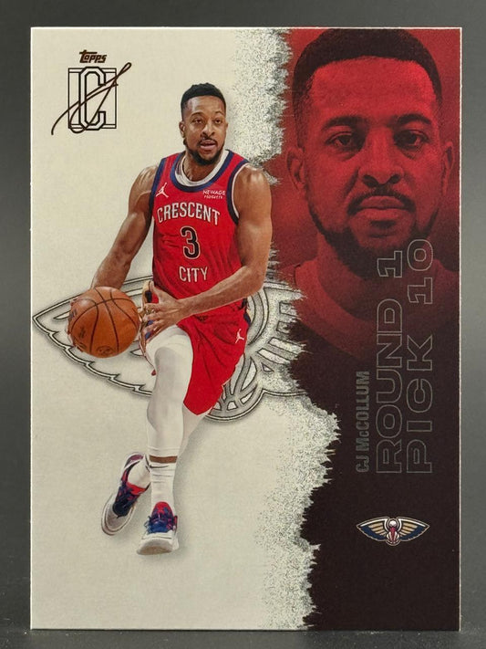 CJ McCollum basketball card featuring a red and white Crescent City uniform, with a large background portrait.