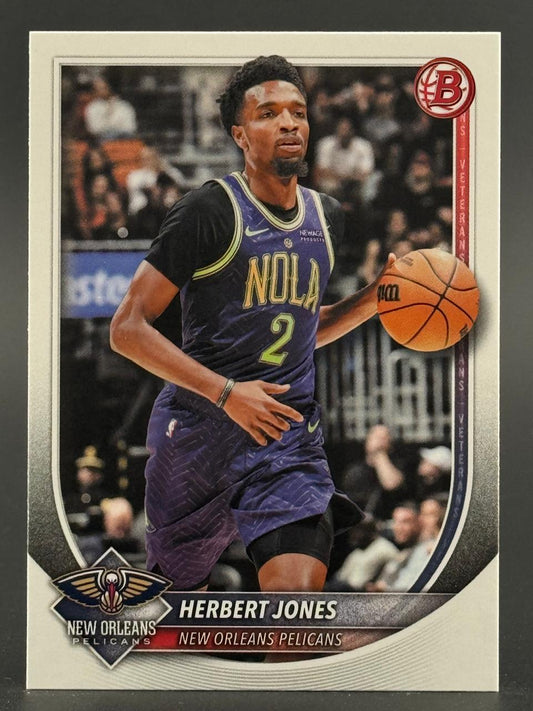 Herbert Jones basketball trading card, New Orleans Pelicans, dribbling with a basketball on court.