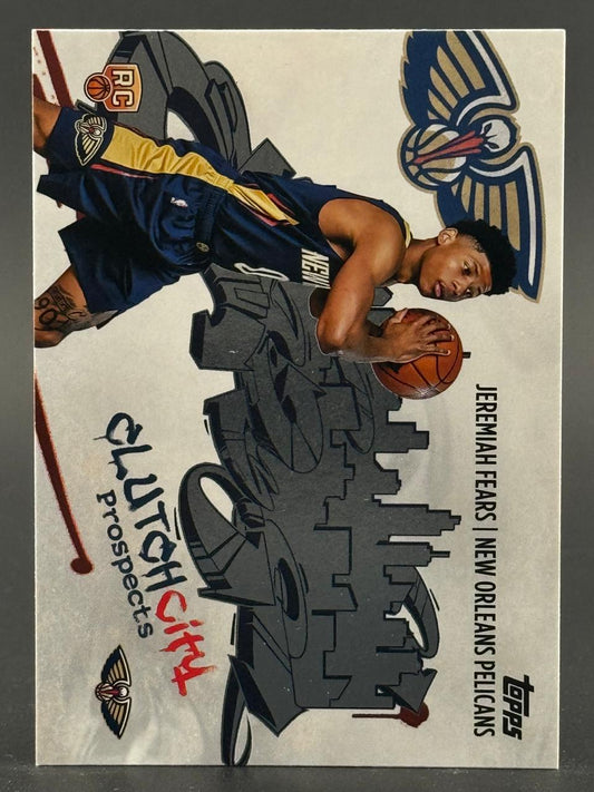 Jeremiah Fears Clutch City Prospects trading card featuring the New Orleans Pelicans player holding a basketball.
