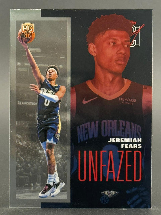 Jeremiah Fears basketball card featuring action shot and portrait, with New Orleans jersey and "Unfazed" text.