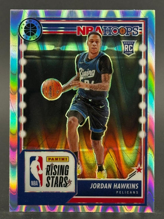 Jordan Hawkins 2023-24 NBA Hoops Rising Stars RC trading card.