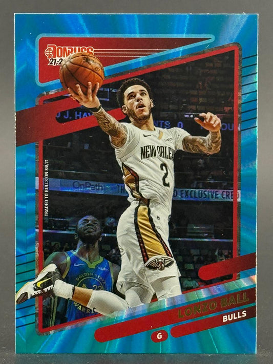 21-22 Donruss Lonzo Ball basketball card with blue reflective background and red frame.
