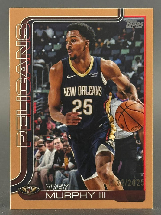 Trey Murphy III Topps basketball card with Pelicans uniform, dribbling ball on court.