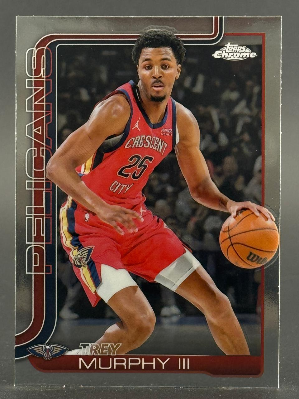 Trading card of Trey Murphy III in a red Pelicans uniform, from the Topps Chrome set.