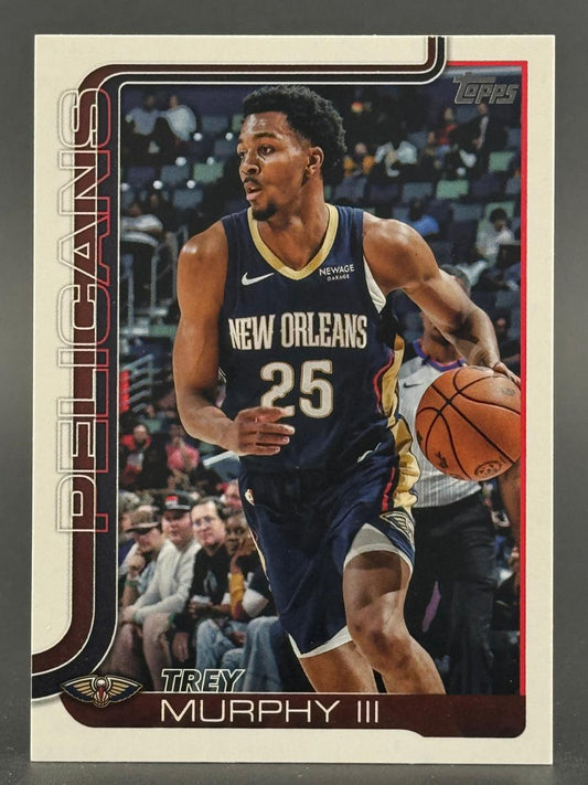 Trey Murphy III basketball trading card featuring him dribbling in a New Orleans Pelicans uniform.