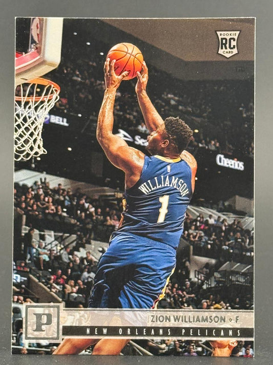 Zion Williamson basketball card showing him dunking in a New Orleans Pelicans uniform.