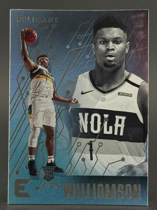 Zion Williamson 2019 Donruss Elite basketball rookie card showing him dunking and a close-up portrait.