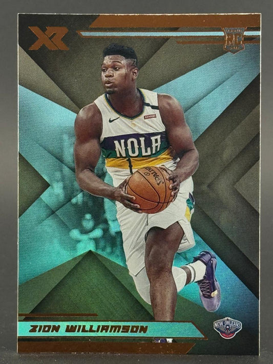 Zion Williamson 2019-20 Panini XR basketball rookie card dribbling a basketball in a white NOLA jersey.