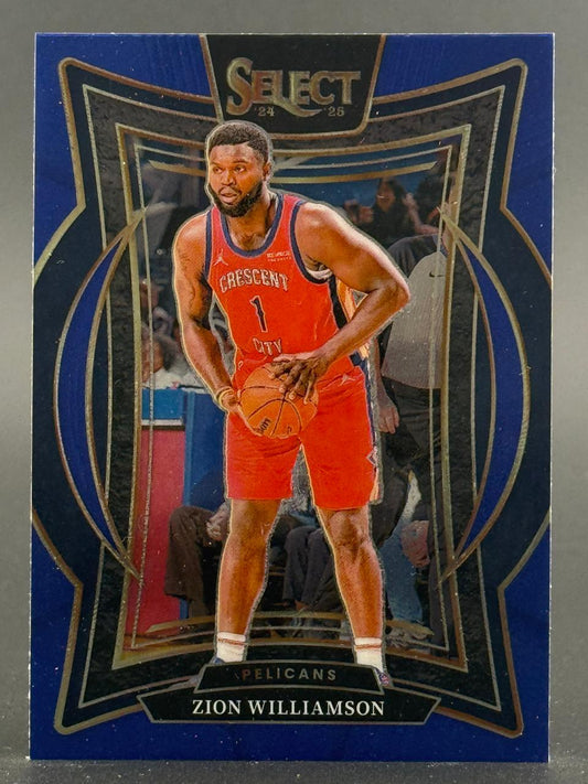 2024-25 Select Zion Williamson basketball card featuring him in his red Pelicans uniform holding a basketball.