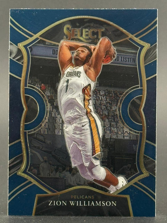 2020-21 Select Zion Williamson basketball card, showing him dunking in a Pelicans uniform.
