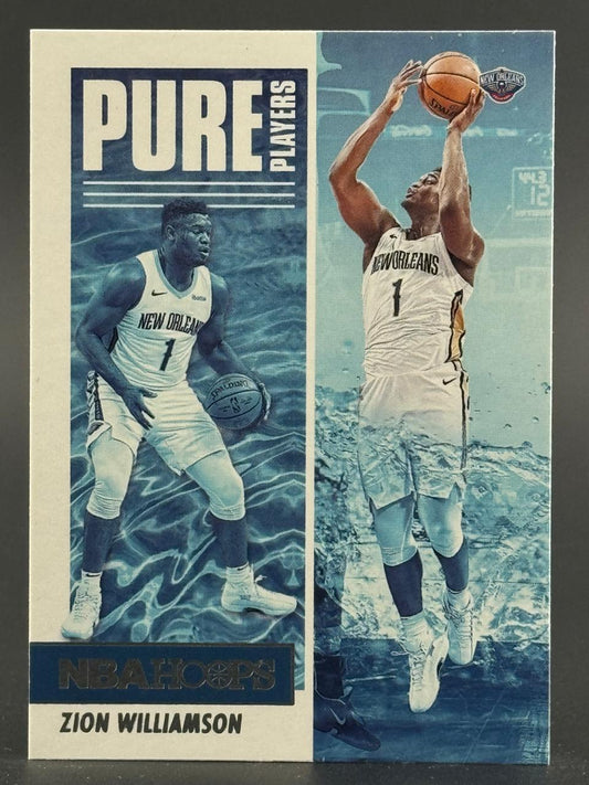 Zion Williamson 2020-21 NBA Hoops Pure Players trading card, featuring two images of him in a New Orleans uniform.