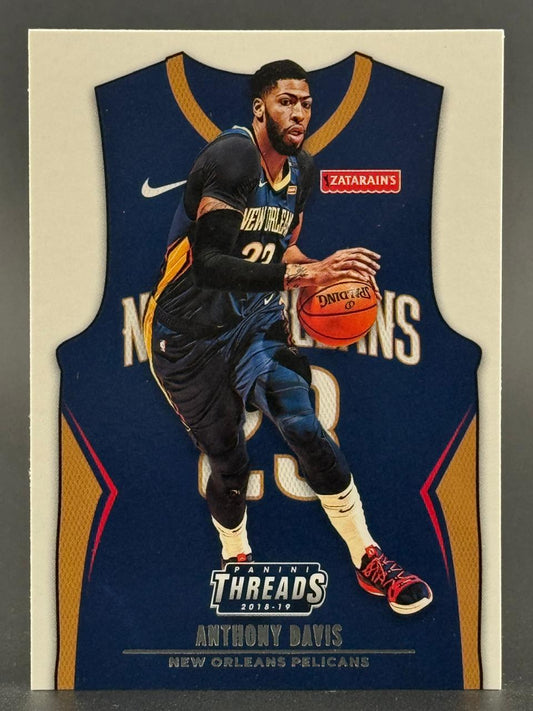 2018-19 Panini Threads basketball card of Anthony Davis in New Orleans Pelicans uniform, dribbling a ball.