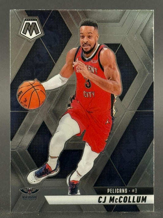 CJ McCollum 2022-23 Panini Mosaic trading card, #3, showing him dribbling in a Pelicans uniform.