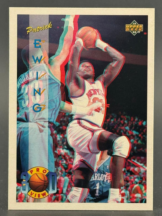 1993-94 Upper Deck Pro View 3D Patrick Ewing basketball card with red-blue 3D image effect.