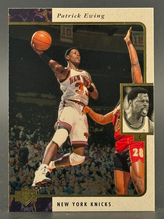 Patrick Ewing basketball trading card showing Ewing driving to the basket in his New York Knicks uniform.