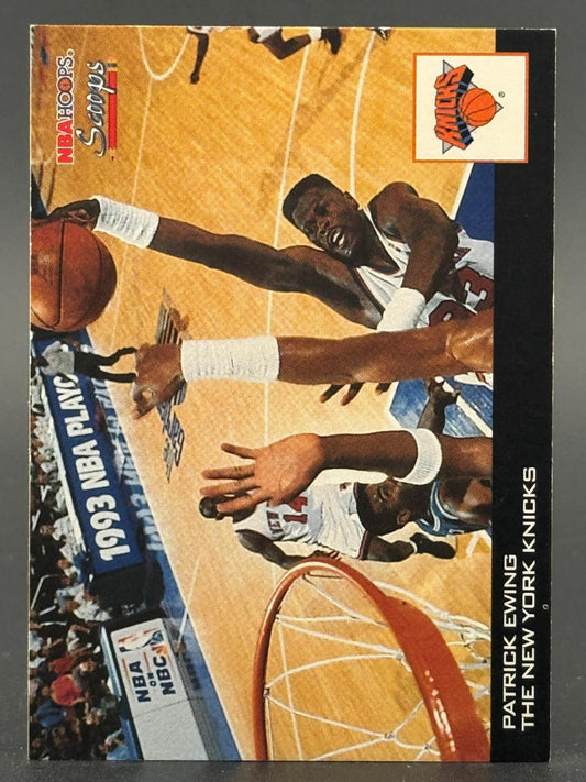 1993 NBA Hoops Scoops Patrick Ewing trading card, featuring him driving toward the basket.