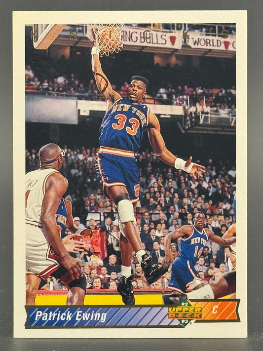 1992-93 Upper Deck Patrick Ewing basketball card showing Ewing dunking.