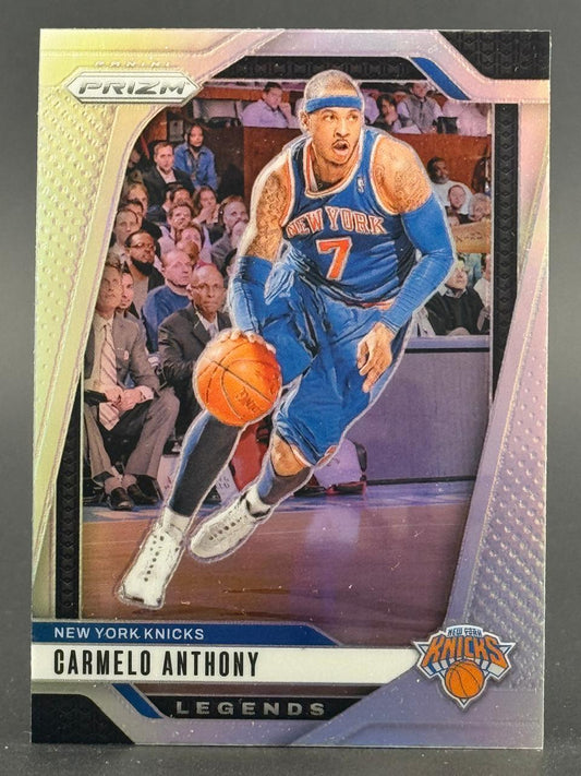 Carmelo Anthony 2021-22 Panini Prizm Legends trading card showing him in a New York Knicks uniform dribbling.