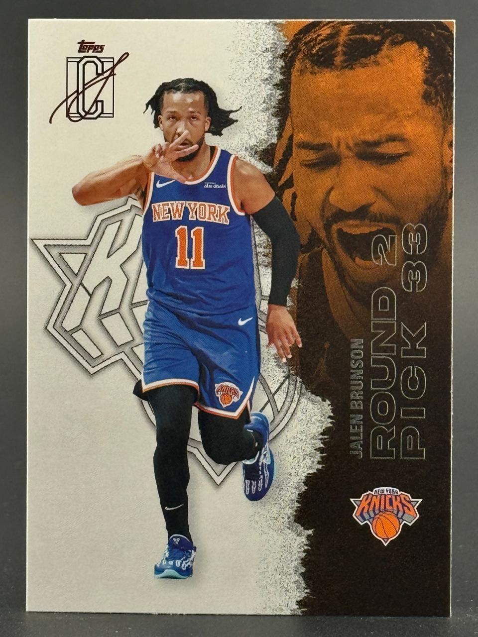Jalen Brunson Topps trading card, showing him in a New York Knicks uniform with "Round 2 Pick 33".