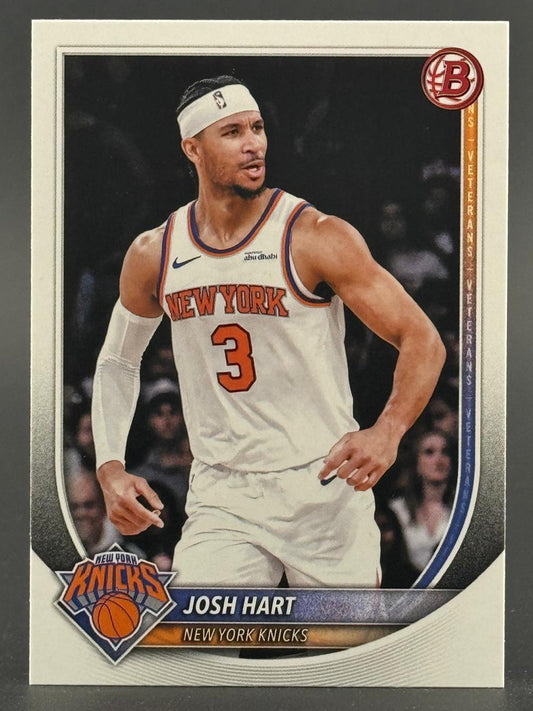 Josh Hart New York Knicks trading card, featuring him in a white uniform with headband.