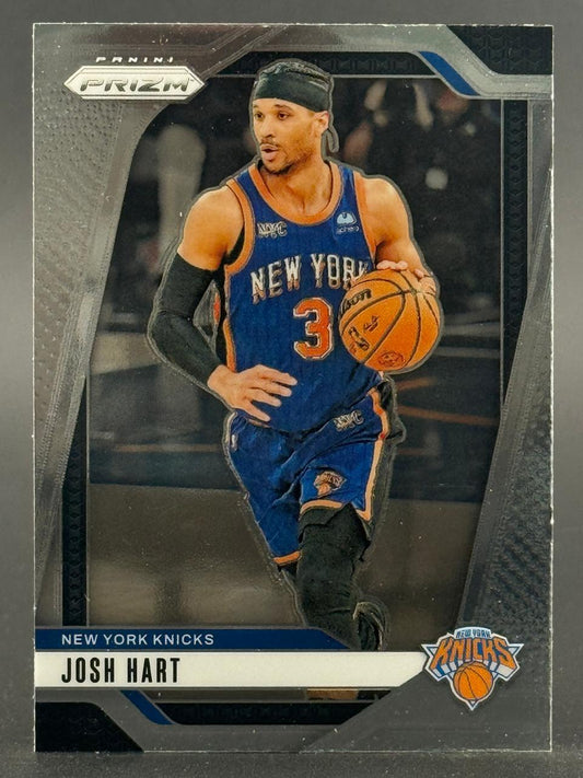 Josh Hart Panini Prizm trading card featuring him dribbling in a New York Knicks uniform.