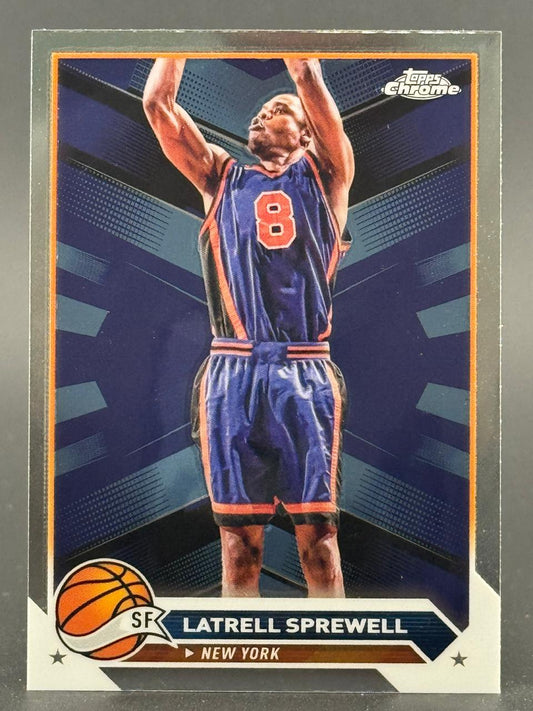 Latrell Sprewell Topps Chrome basketball card, showing him in a New York uniform shooting.