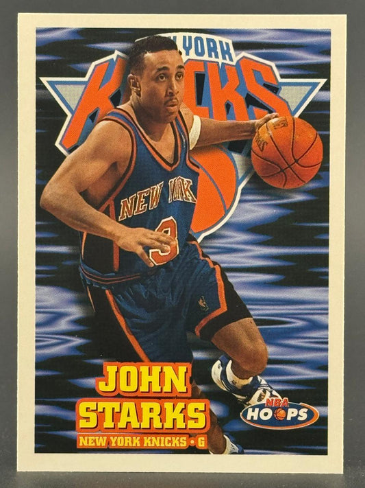 John Starks trading card from NBA Hoops, showing him dribbling in a Knicks uniform.