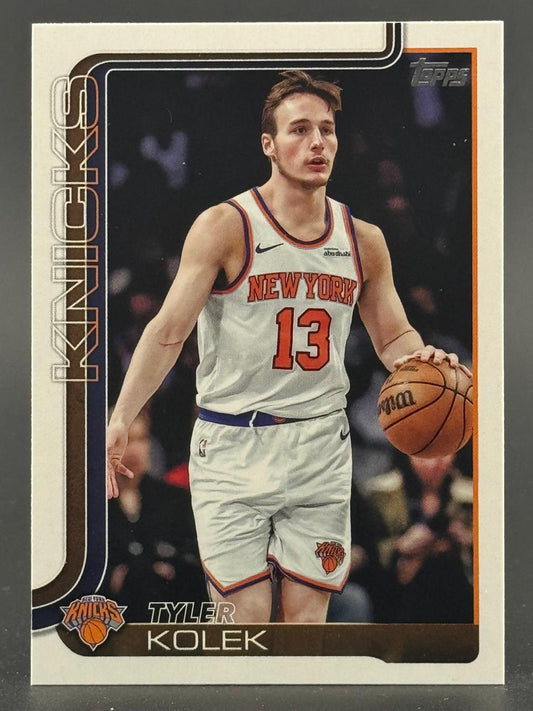 Tyler Kolek Topps trading card, showing the Knicks player dribbling a basketball in his white uniform.