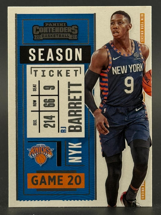 2020-21 Panini Contenders RJ Barrett basketball card featuring a blue ticket design and New York Knicks uniform.