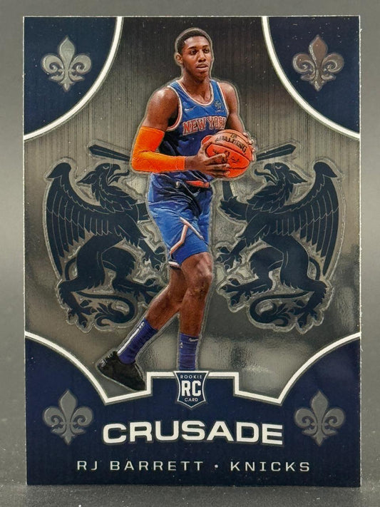 RJ Barrett 2019 Panini Crusade Rookie Card #67 holding a basketball in a Knicks uniform.