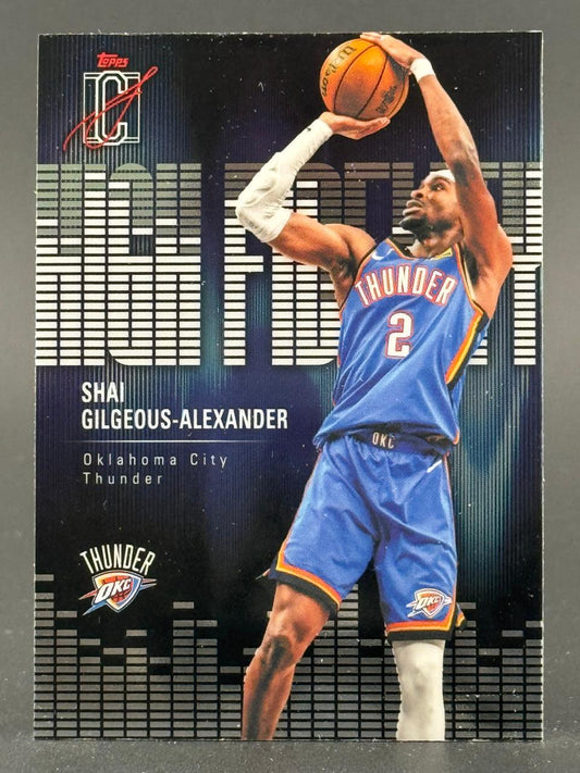 Trading card of Shai Gilgeous-Alexander in an OKC Thunder uniform shooting a basketball.