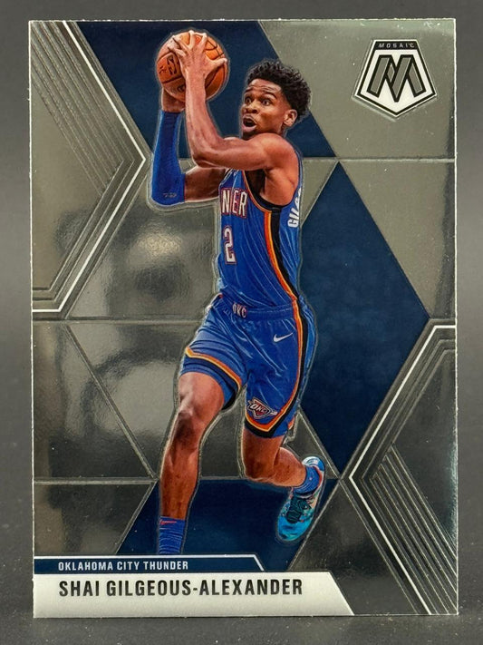 Shai Gilgeous-Alexander 2020-21 Panini Mosaic basketball card, showing him in an Oklahoma City Thunder uniform.