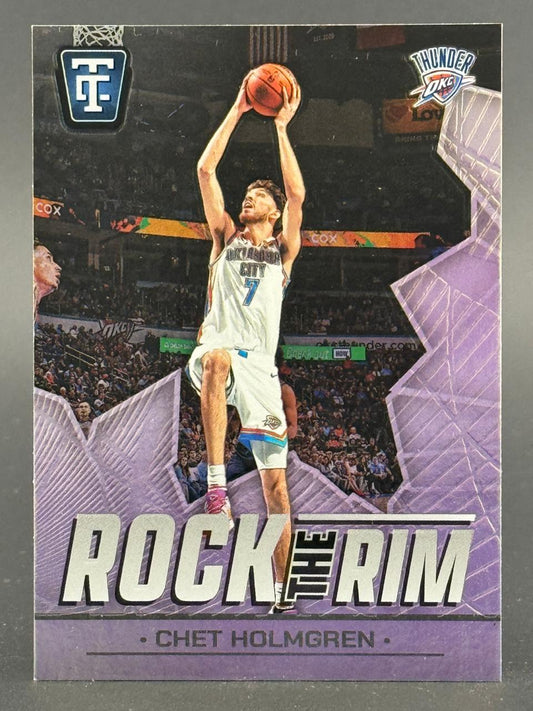 Chet Holmgren basketball trading card, Rock the Rim insert, shooting in Oklahoma City jersey.