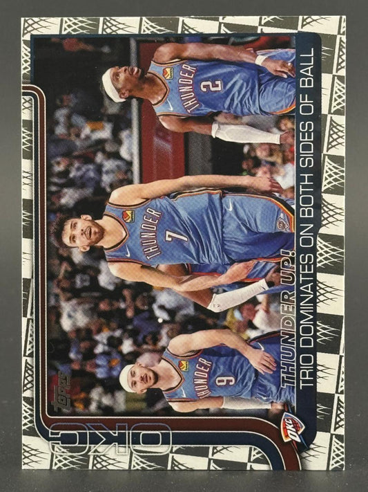 Vertical basketball card featuring three Oklahoma City Thunder players in blue uniforms: #2, #7, and #9.