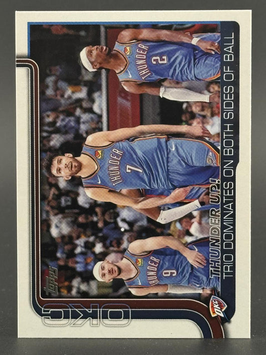 Vertical trading card of three Oklahoma City Thunder players in blue uniforms: #2, #7, and #9.
