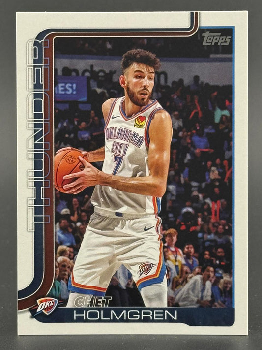 2024 Topps Chet Holmgren trading card featuring the Oklahoma City Thunder player holding a basketball.