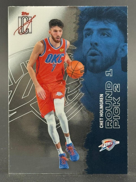 Chet Holmgren basketball trading card featuring him dribbling in an OKC uniform, with a blue background portrait.