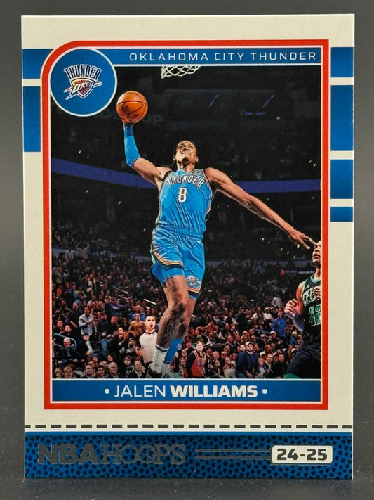 24-25 NBA Hoops trading card of Jalen Williams dunking in a blue Thunder uniform.