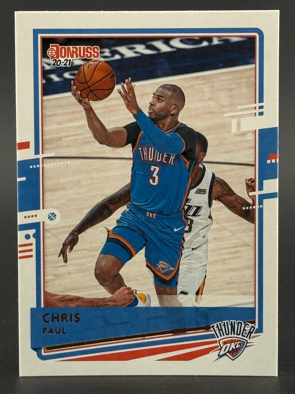 2020-21 Donruss Chris Paul basketball trading card featuring him in an Oklahoma City Thunder uniform.