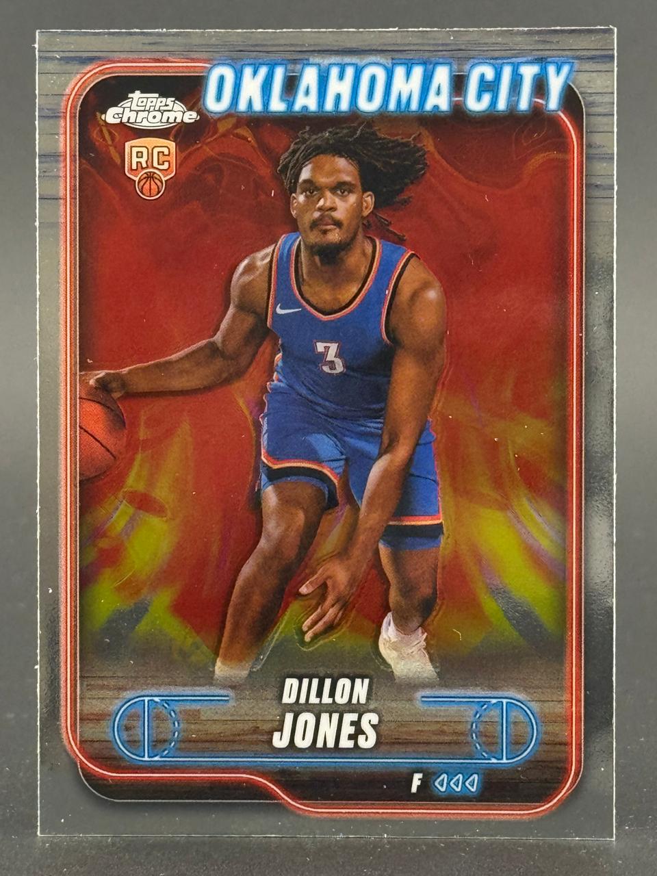 Dillon Jones Topps Chrome Oklahoma City rookie basketball card dribbling.