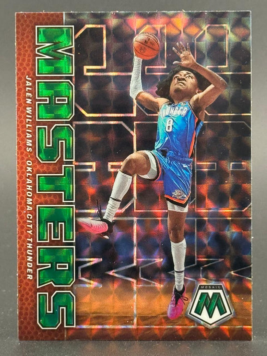 Jalen Williams 2023 Panini Mosaic Masters trading card showing him in a blue Thunder uniform shooting.