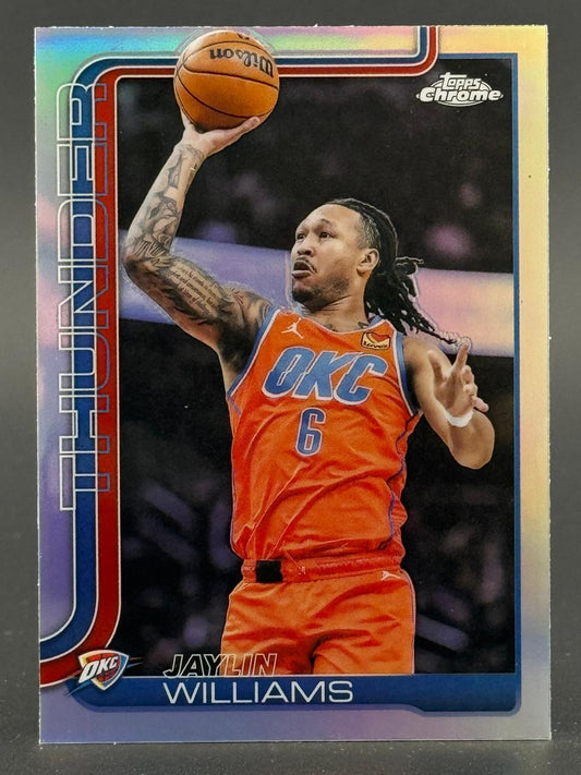 Jaylin Williams trading card from Topps Chrome, showing him in an OKC jersey holding a basketball above his head.