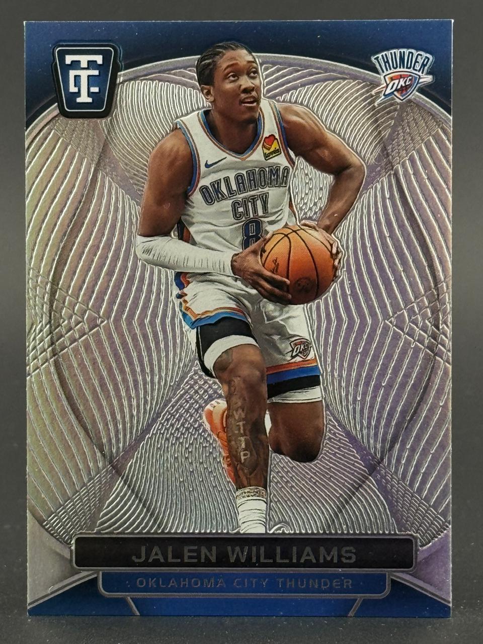 Jalen Williams trading card featuring him in an Oklahoma City Thunder uniform holding a basketball.