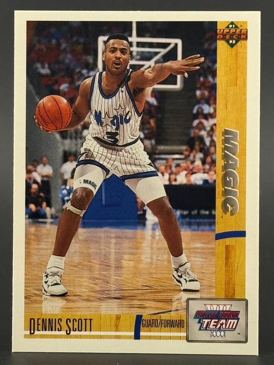 1991-92 Upper Deck Dennis Scott basketball card featuring him dribbling in his Magic uniform.