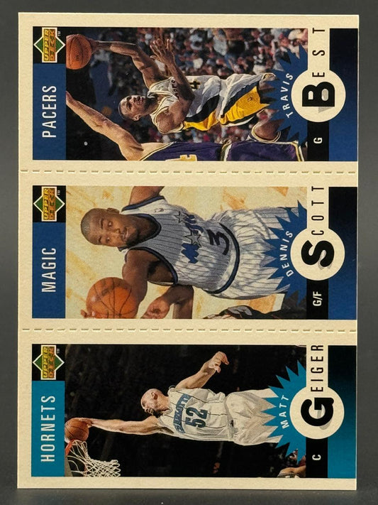 1990s Upper Deck trading card panel featuring Travis Best, Dennis Scott, and Matt Geiger.