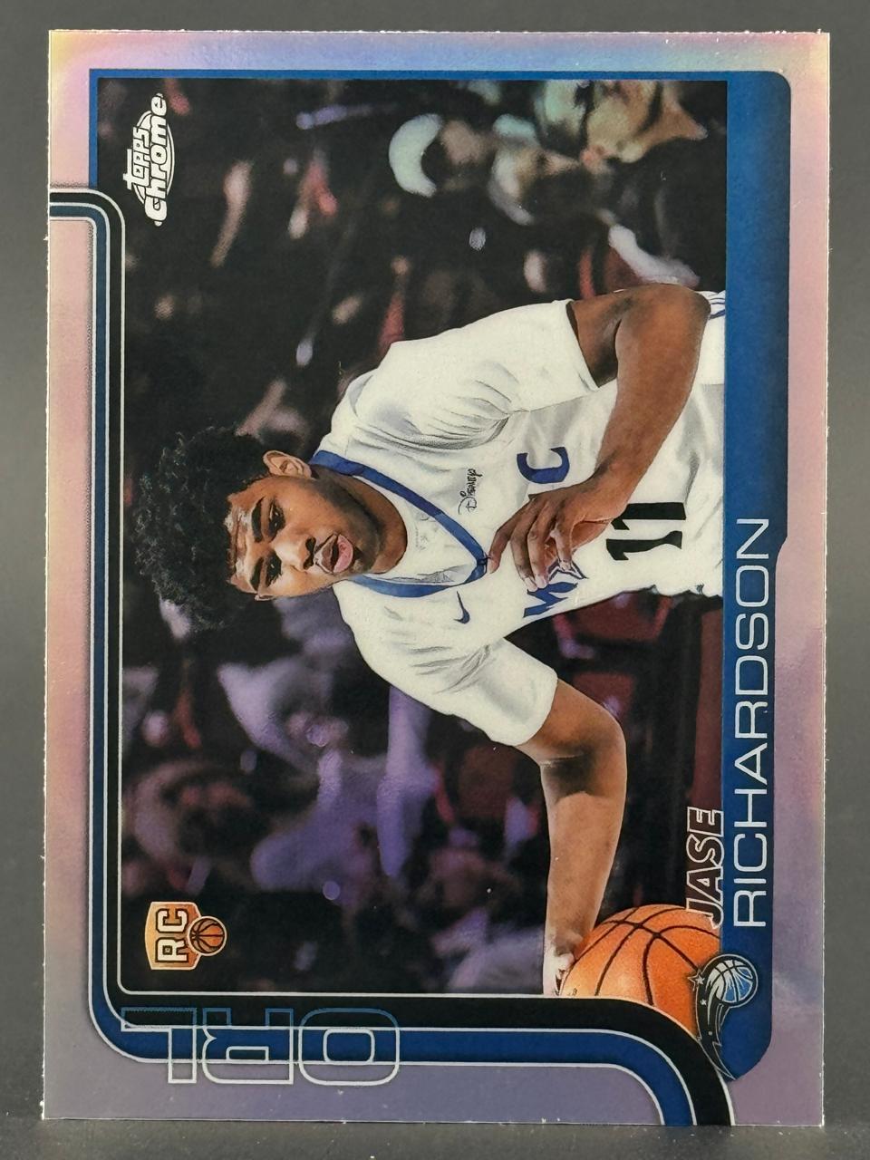 Jase Richardson Topps Chrome rookie card, featuring him in a white jersey dribbling a basketball.