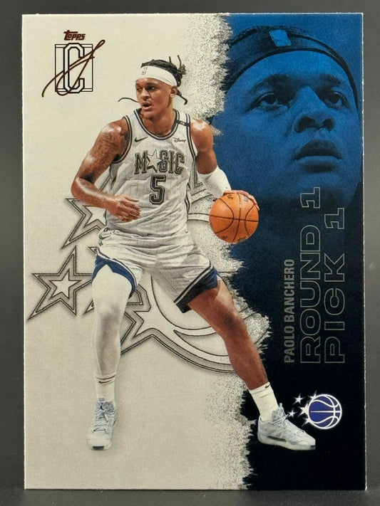 Paolo Banchero Topps basketball card, Round 1 Pick 1, showing him dribbling in Magic uniform.
