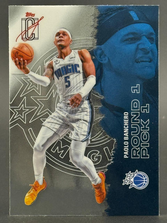 Paolo Banchero Topps basketball card showing him in an Orlando Magic uniform, labeled "Round 1 Pick 1."